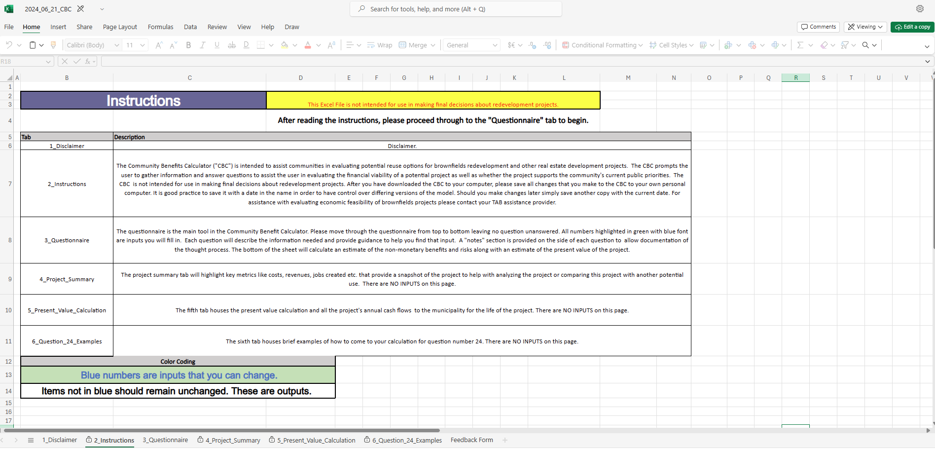 Community benefits calculator spreadsheet instructions screenshot